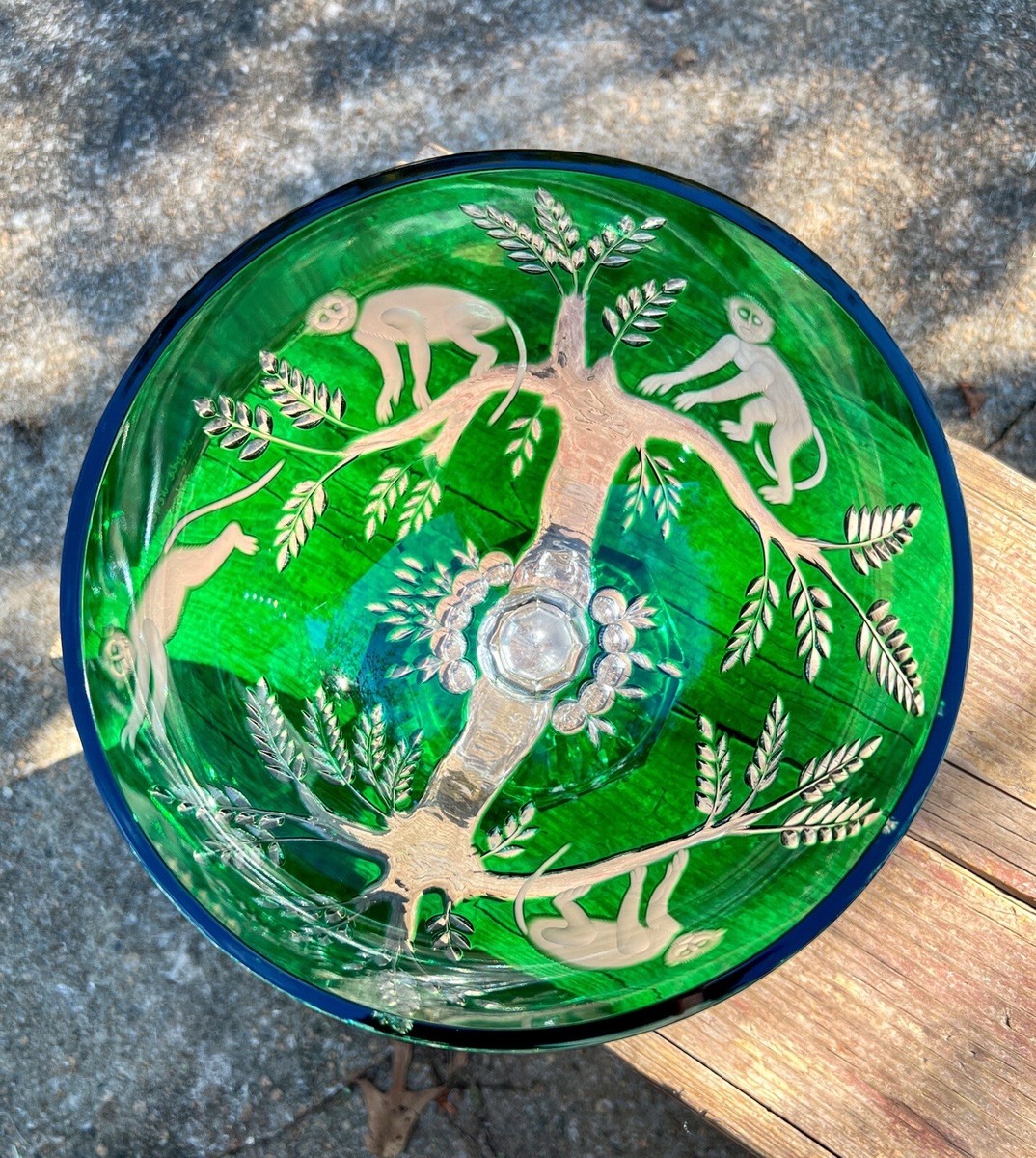 Magda Nemeth For Ajka Hungary Green Crystal Footed Bowl With