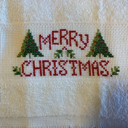completed cross stitch Christmas fingertip towel white hand Sewn By seller new - Picture 2 of 2