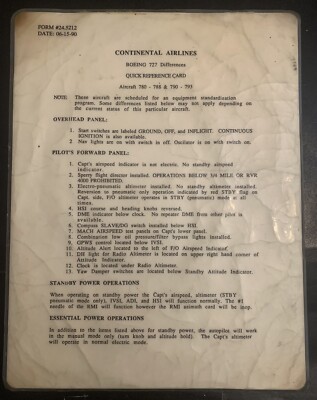 RARE !! Continental Airlines Boeing 727 Quick Reference Card. Date: 06-15-90