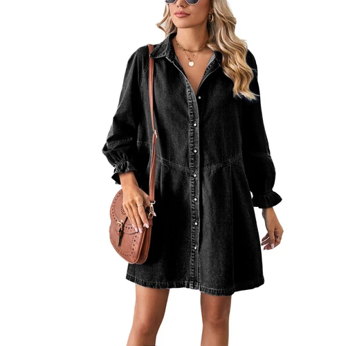 Women's Denim Dress Long Sleeve Babydoll Cute Casual Raglan Sleeve Skater Dress - Foto 2 di 37