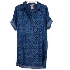 PHILOSOPHY Denim Blue TENCEL Shirt Shift Dress Pockets Aztec Tribal Sz S Pockets