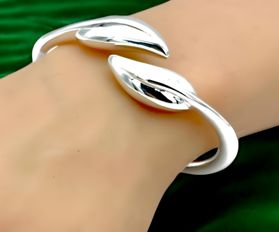925 STERLING SILVER DOUBLE LEAF DESIGN BANGLE BRACELET 6.5