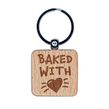Baked with Love Heart Engraved Wood Square Keychain Tag Charm