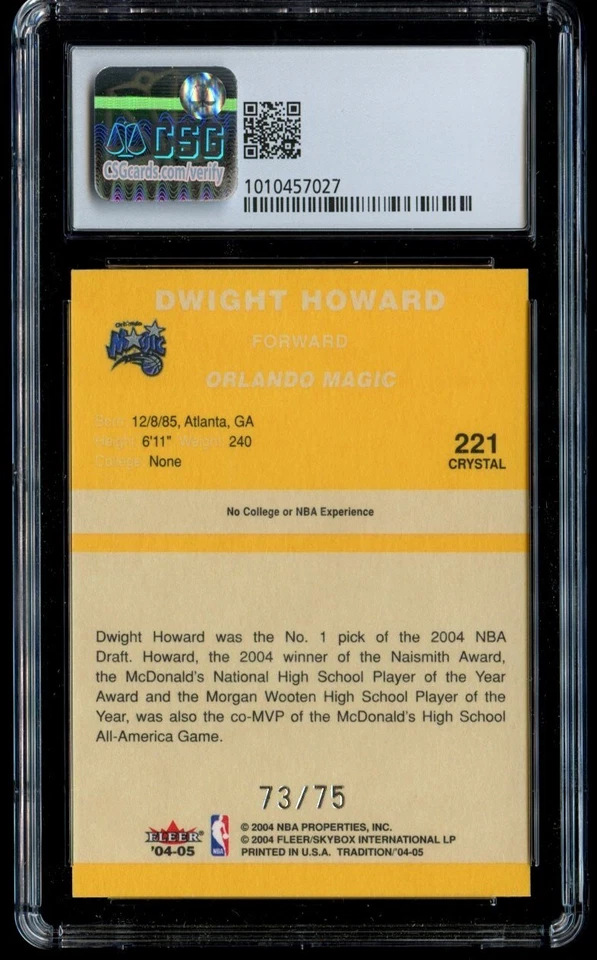 2004-05 Fleer Tradition Dwight Howard Crystal Rookie #221 CSG 9 Mint RC 73/75 - Image 2 of 2