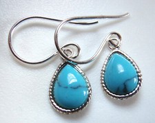 Very Small Blue Turquoise Teardrop Dangle Earrings 925 Sterling Silver