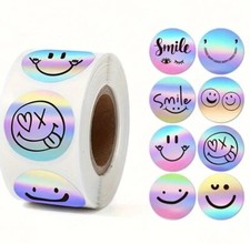 Smiley Face Stickers 500pcs/roll 1" Round Rainbow Laser Holographic 8 Patterns