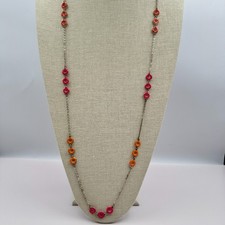 Vintage 80 Pink Orange Bead Station Necklace Statement Silver Tone Retro Jewelry