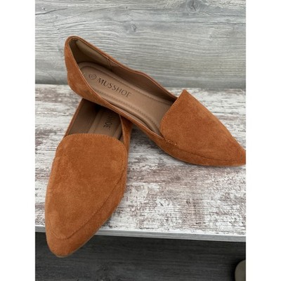 Musshoe Womens Pointed Toe Loafers Cognac Brown Faux Suede Slip On Flats Shoes