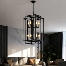 31'' Black+Silver Pendant Light Chandelier Tiered Fixtures 8 Lights Farmhouse