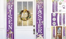 Happy Easter Christian He is Risen Porch Banner Sign, Religious Cross Purple