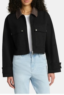 No Boundaries Black Cotton Blen Twill Barn Jacket With Corduroy Collar SZ XS,XXS