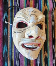 Ancien masque japonais Hyottoko bois sculpté main influencé par le Noh théâtre Kyōgen