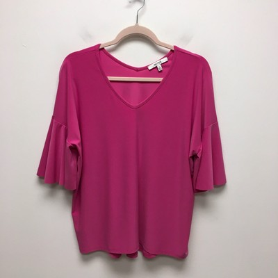 #ad Sympli Womens Peony Pink Summer V Neck Stretch Flutter Sleeve Pullover Blouse 8 $25.46