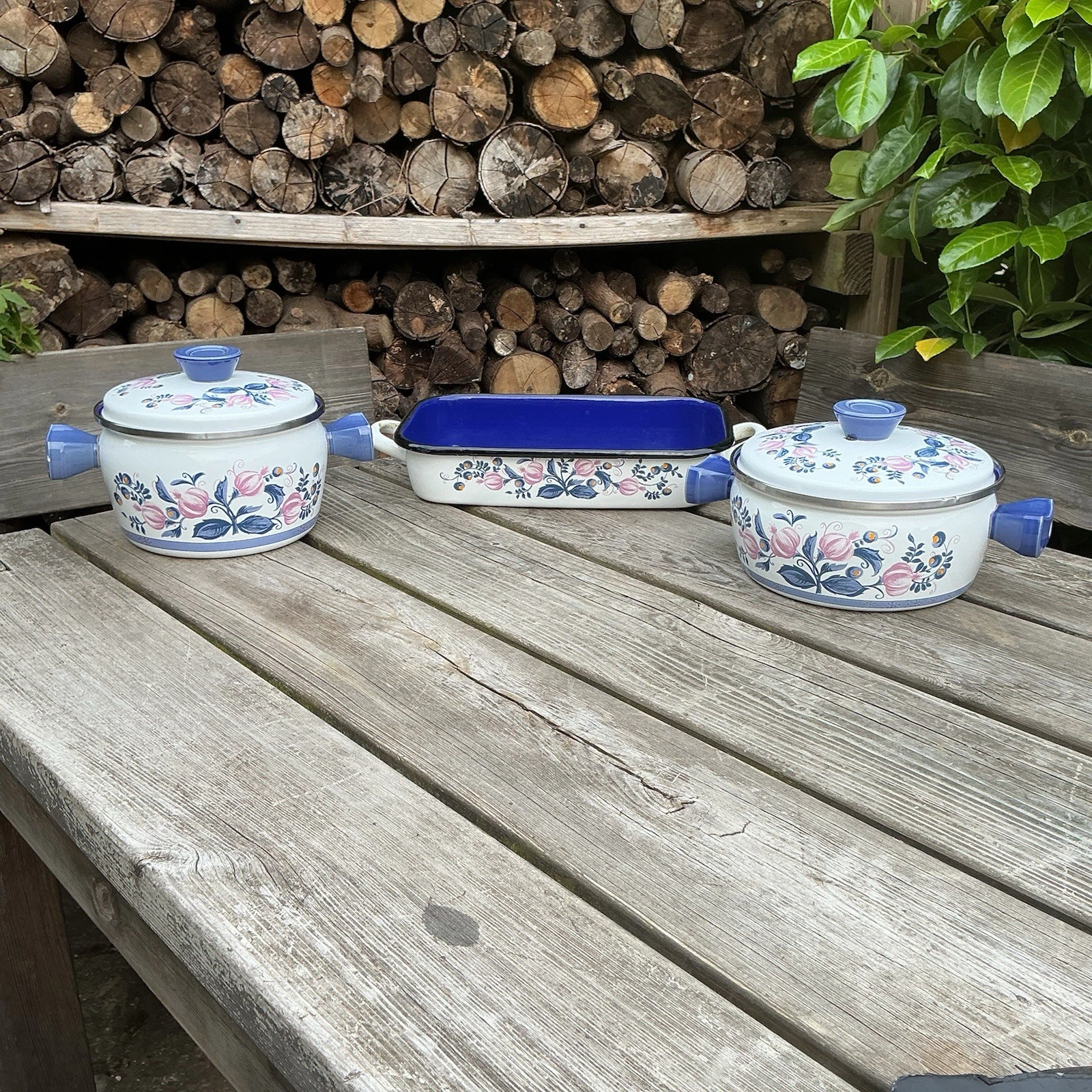 Vintage Baumann Brixen Purple Floral Enamel Casserole Stockpots & Roasting Dish