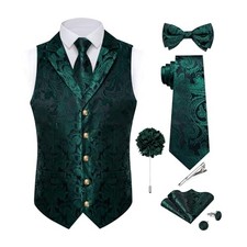 Silk Vest Tie Set for Men,Woven Paisley Dress XX-Large Black and Emerald Green