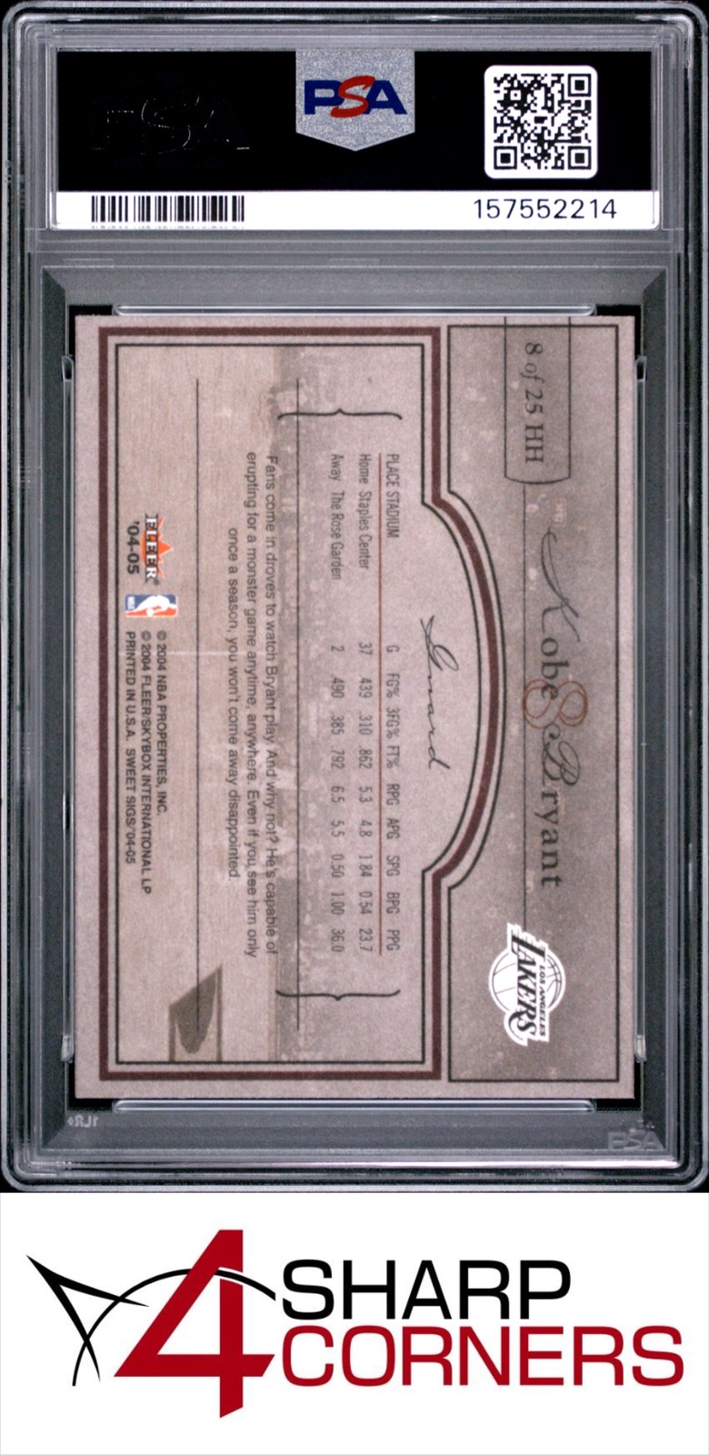 2004 FLEER SWEET SIGS HARDCOURT HEROICS #8 KOBE BRYANT HOF POP 3 PSA 10 view 2
