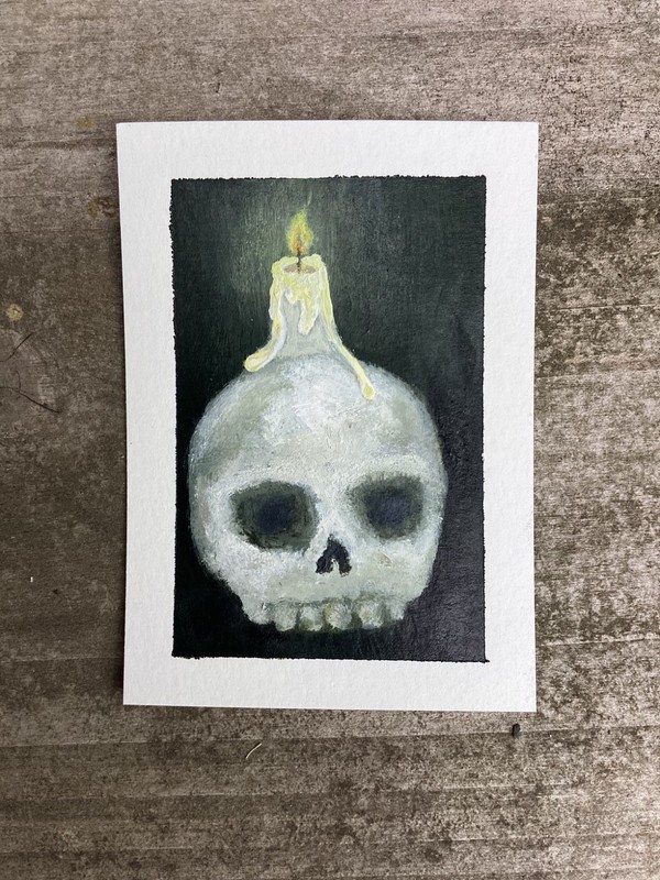 ACEO Original Hand Painted Acrylic Fine Art Miniature | candle skull spooky