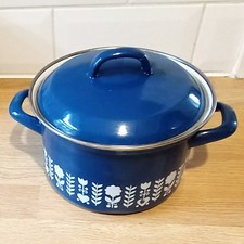Enamel Casserole pot Dish Pan Stock Pot Lid Blue Floral Vintage 1970 dutch oven