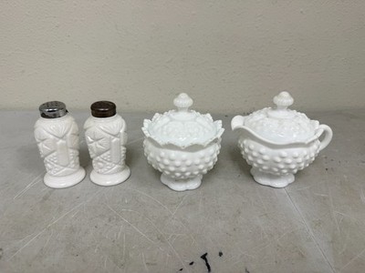 Lot of 4 Fenton Hobnail Milk Glass Jam Jar w/ Spoon & Salt Pepper Shakers