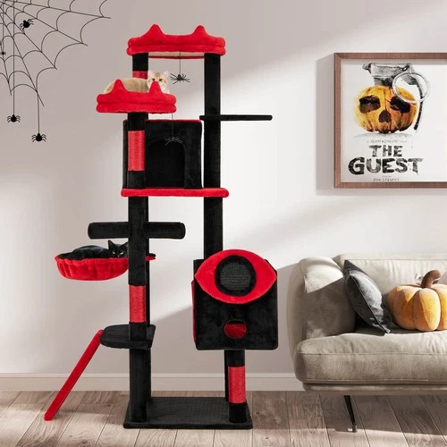 Gothic Cat Tree for Indoor Cats w/2 Cat Condos & 2 Plush Perches, Dangling Balls