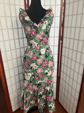 J Crew Reimagined Green & pink sleeveless floral midi dress w/ruffle neckline.