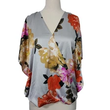 INC International Concepts Faux Wrap Top Sz Large Floral Surplice Kimono Sleeve