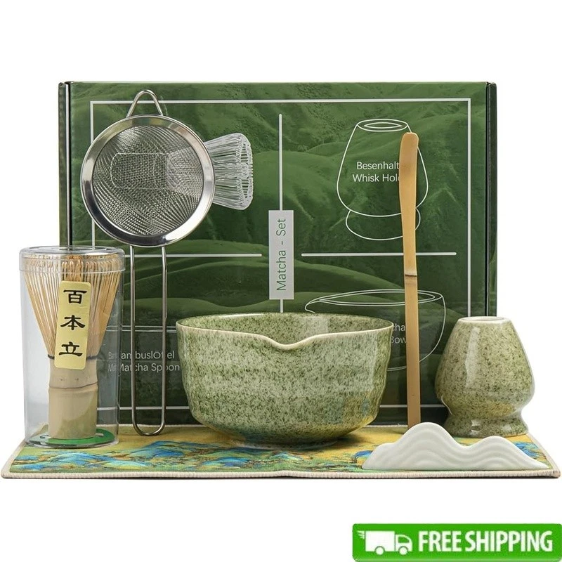 High Quality 7 Piece Matcha Tea Set Bamboo Whisk Bowl Sifter Scoop Holder Gift