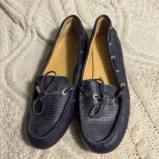 Talbots Driving Moccasins Navy Blue Pebbled Leather Womens 8.5 Excellent
