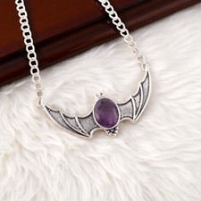 Amethyst Gemstone 925 Sterling Silver Jewelry Bat Shape Pendant 1" For Halloween