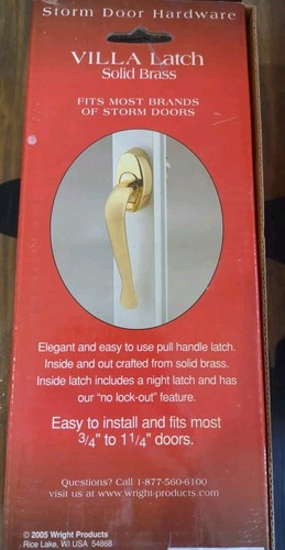 VILLA SOLID BRASS LATCH STORM DOOR PULL HANDLE FITS 3/4 TO 1 1/4" DOORS NEW - Picture 4 of 5