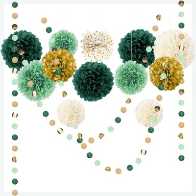 15 Stück Seidenpapier Pompons Waldgrün + Girlande Party Deco