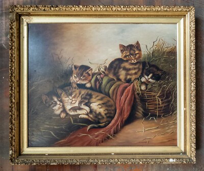 Antique American Naive Folk Art Americana Painting of Cats Kittens