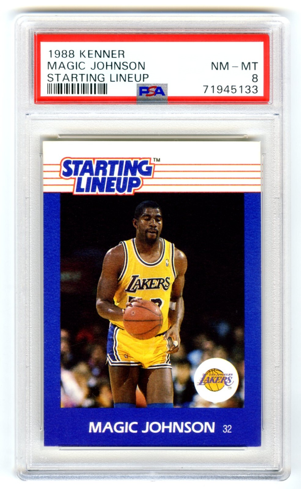 MAGIC JOHNSON~RARE (POP 122) 1988 KENNER STARTING LINEUP PSA-8 NM-MT GRADED CARD
