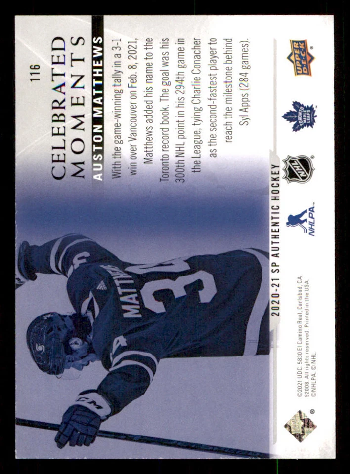 2020-21 SP Authentic #116 Auston Matthews CM - Image 2 of 2