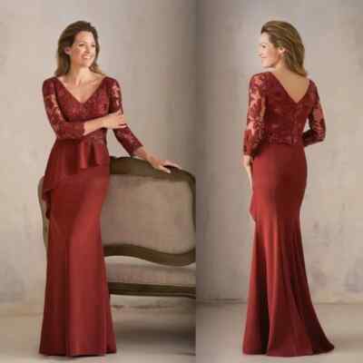 Burgundy Mother of the Bride Dresses 3/4 Sleeves Appliqued Moms Gowns  Mermaid | eBay