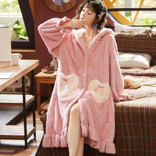 Mädchen Hase Kaninchen lange Ohren Nachthemd warm Flanell Kapuze dick Nachtwäsche PJ's - Bild 12 von 40