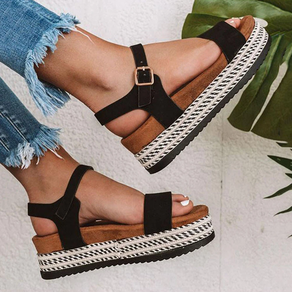 Fashion Summer Hemp Sandals Beach Ankle Buckle Wedge Heels