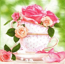 2 Two Paper Lunch Napkins for Decoupage/Mixed Media - Tea Cup of Roses w/ dots