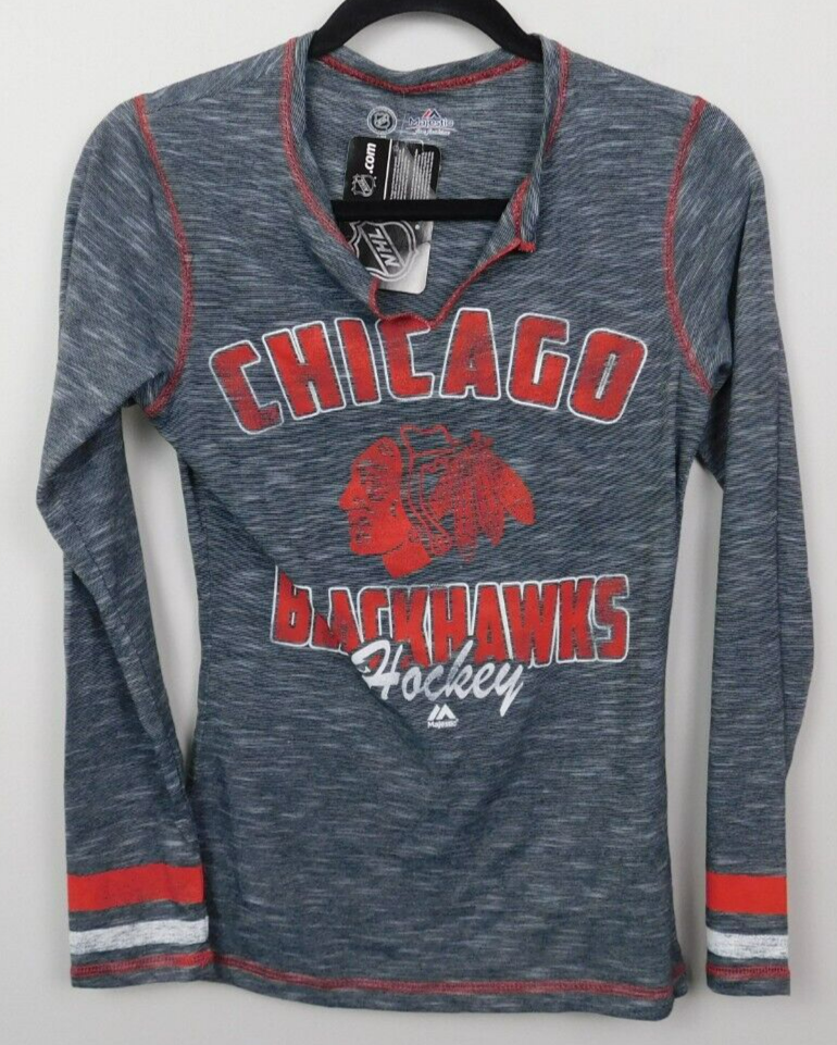 Chicago Blackhawks Womens Shirt Small NHL Long Sleeve Gray Majestic Hockey  NEW