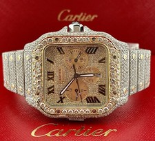 Cartier Santos 45mm XL Chrono Homme 18k Or & Acier Montre 25ct Glacé Diamants