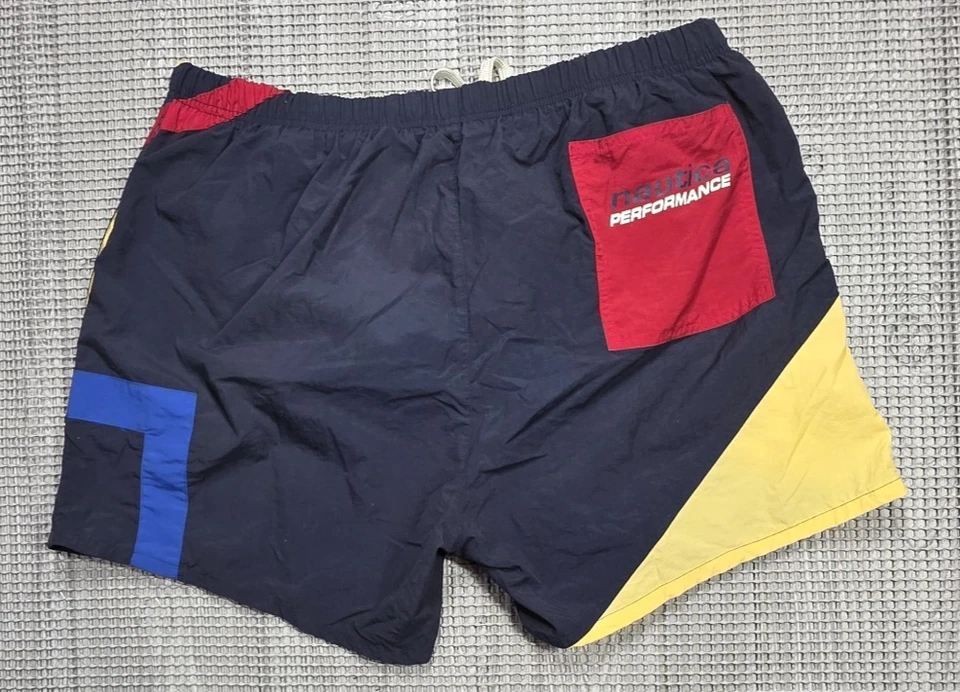Vtg 90s Nautica Hydro Race Mens Yellow Red Blue Colorblock Swim Trunks Shorts XL - Image 2 of 4