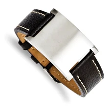 Mens Blk Leather Brushed Stainless Steel I.D. Buckle Bracelet, 8.75 In
