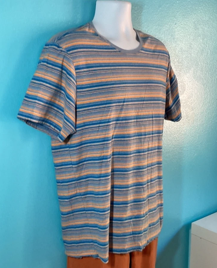 Prana Men Size L 100% Organic Cotton Blue & Orange Short Sleeve Stripe Tee Shirt