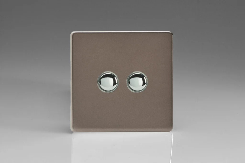 Switch Silver Double Momentary 6A 2-Gang Screwless Pewter + Chrome Insert