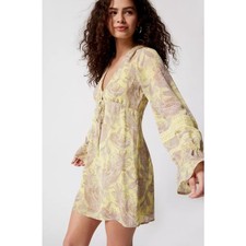 URBAN OUTFITTERS Charlene Printed Mini Dress Yellow Long Sleeve Women's S