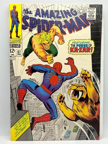 Marvel Comic The Amazing Spider-Man #57 Feb 1968 Power of Ka-Zar & Zabu GD/VG