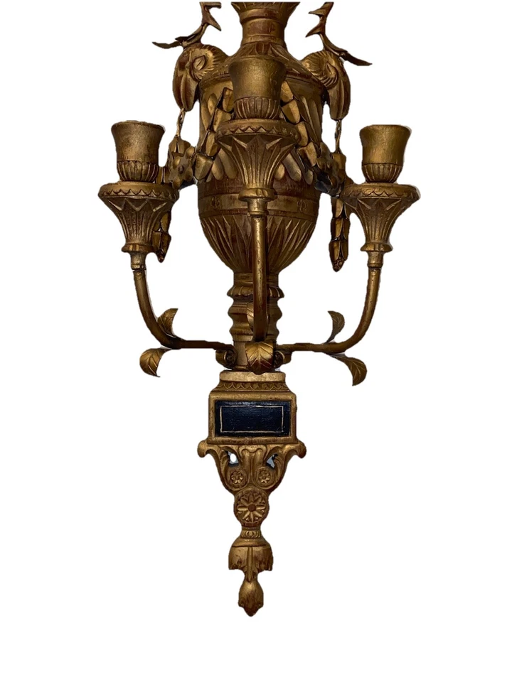 Pair Antique Neoclassical Style Saltram Gilded Candle Wall Sconces - Image 3 of 4