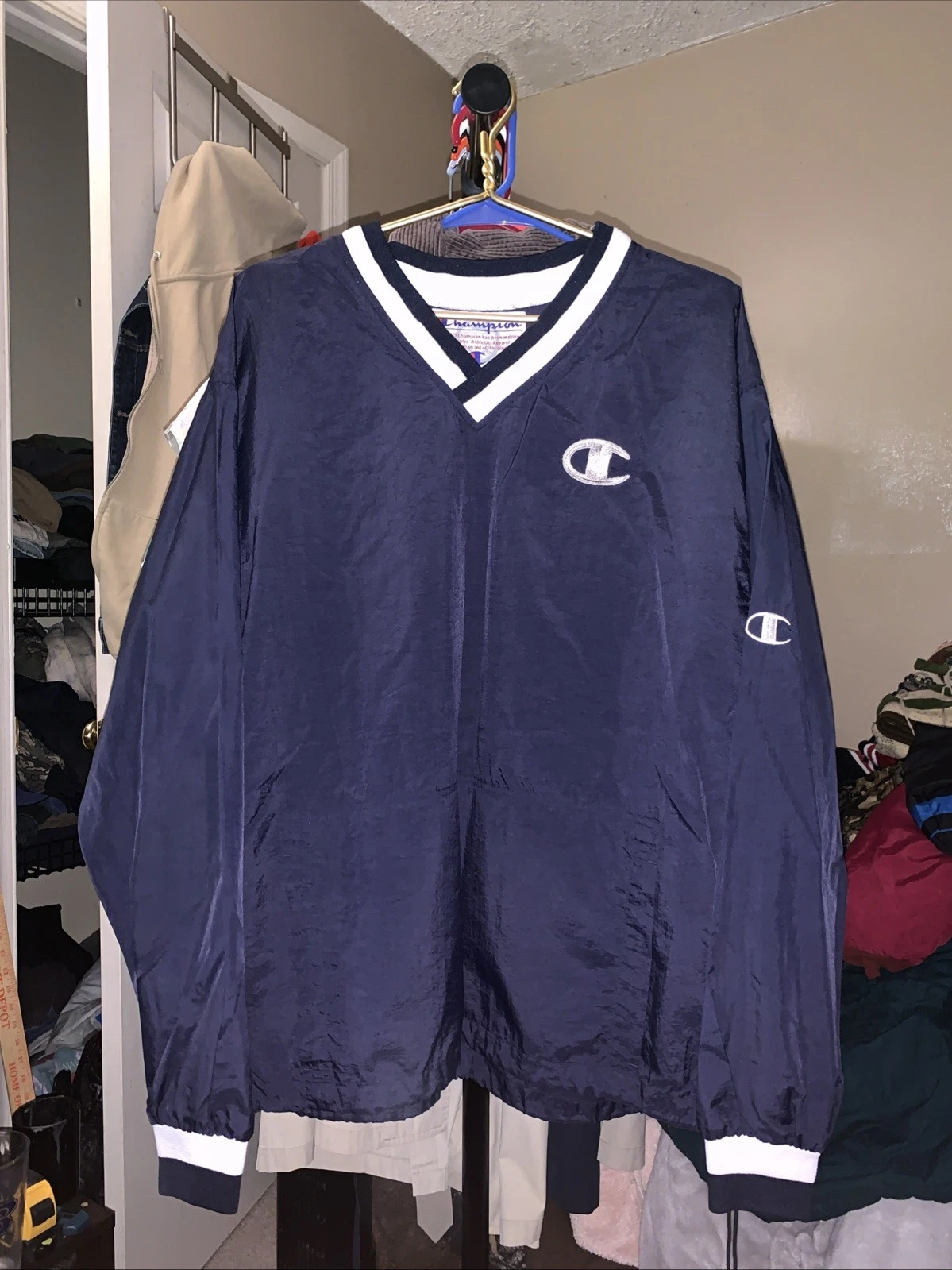 Vintage Champion Pullover Windbreaker Mens L Blue V Neck Nylon Jacket