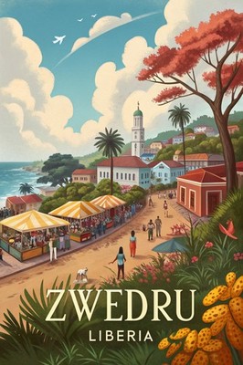 Zwedru, Liberia - Lebendiges afrikanisches Stadtbild Reiseposter Kunstdruck A1-A4 Poster