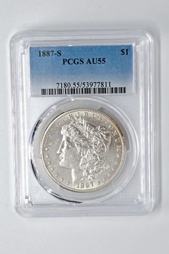 1887 S $1 Morgan Silver Dollar PCGS AU 55, Semi-Key Date Coin
